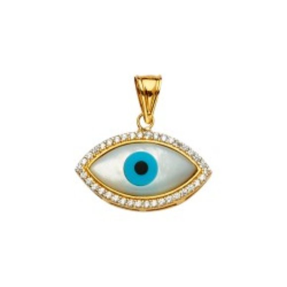 Solid 14K Gold MOP CZ Evil Eye Pendant